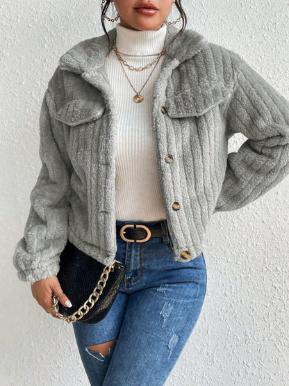 Fuzzy Button Up Collared Neck Jacket