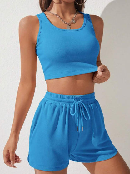 Scoop Neck Wide Strap Top and Drawstring Shorts Set